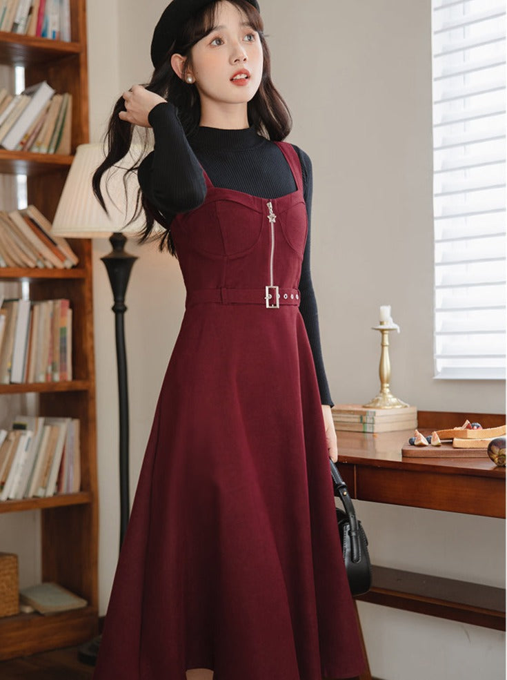 Slim Knit Retro Half + Suspender Turtleneck Skirt