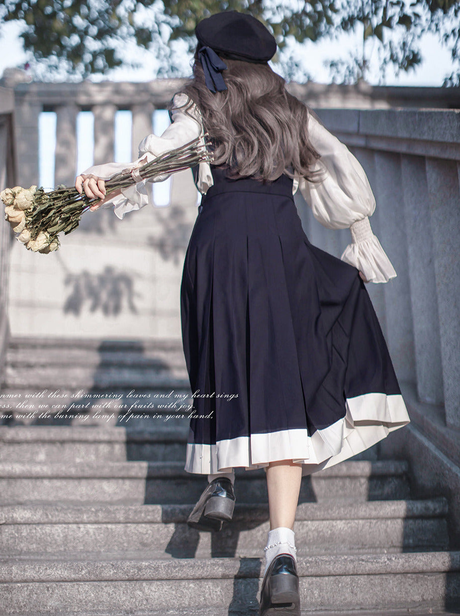 Dress Emblem + Tie + Blouse + Ruffle Retro College Beret Cyan Style Elegant Chiffon