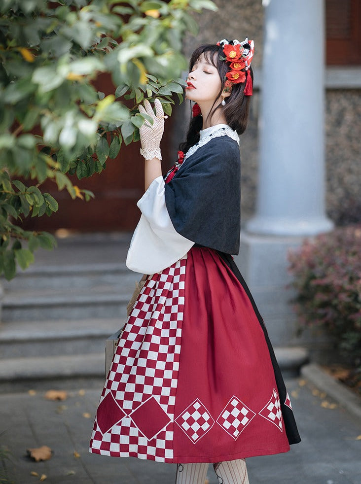 trumpet fur blouse cape + China accessories tassel scarf jumper skirt