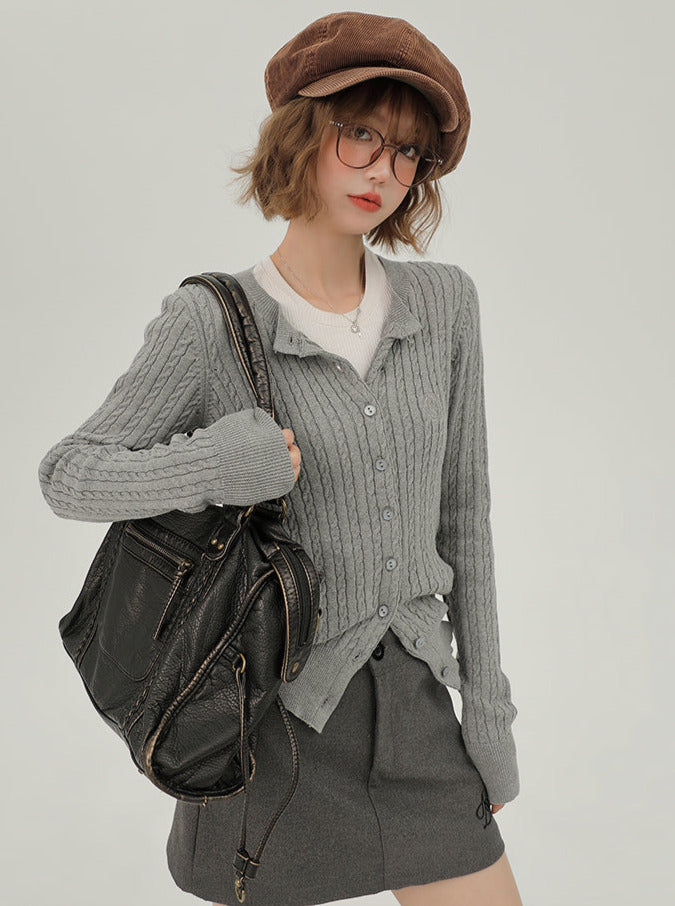 American Retro Round Neck Slim Knit Cardigan