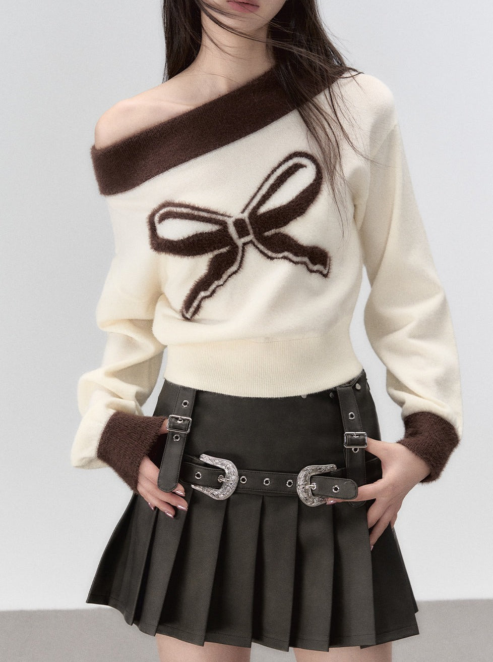 One-shoulder Ribbon Knit Sweater