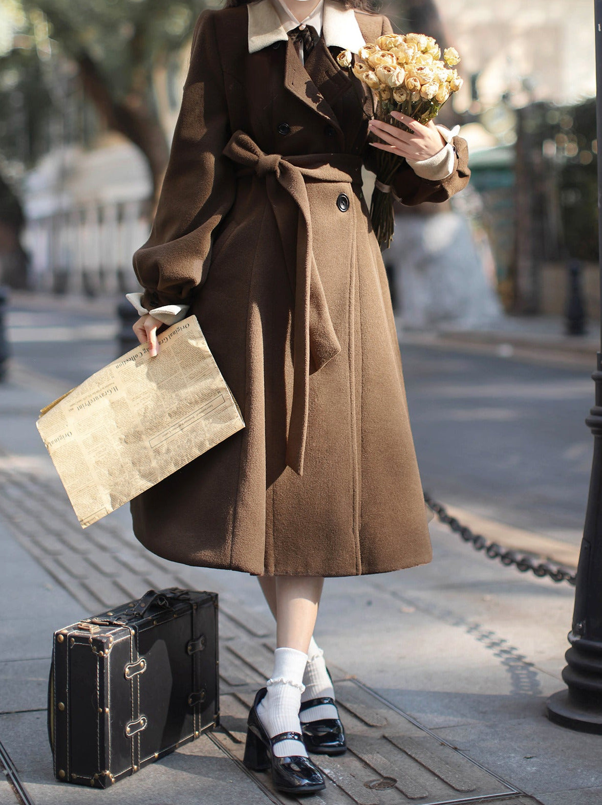 Manteau sans manches, ceinture, ruban, classique, superposé, accessoire, robe, marron, carreaux, rétro, perle, volume