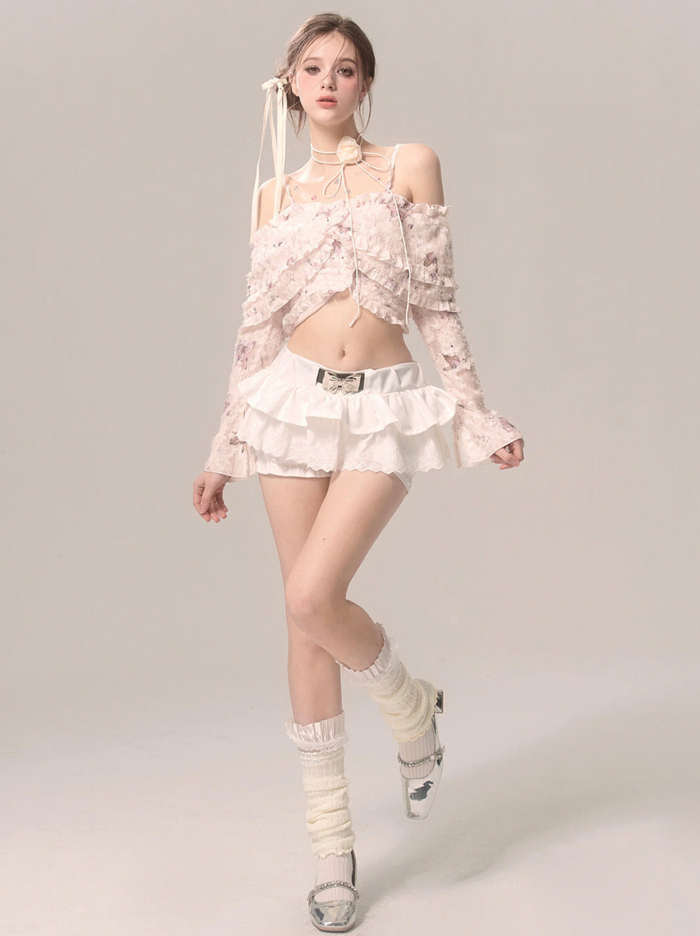 Fairy Ruffle Strap Chiffon Top Butterfly Off-the-shoulder Lace