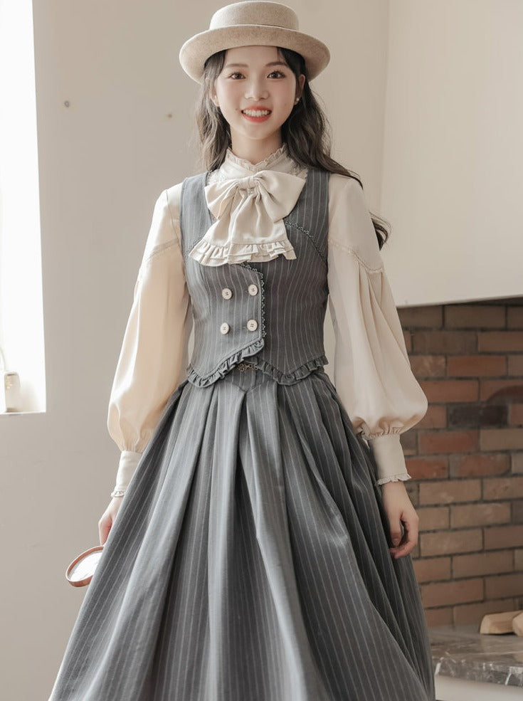 Rüschen + Bluse gestreifter Kragen + Rock ausgestellt Retro Weste dunkel