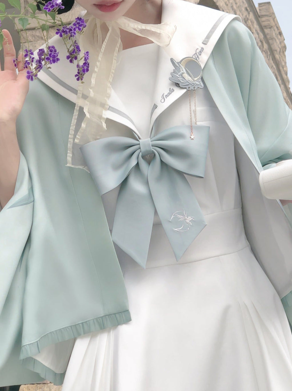 Sleeve Haori Tulle Overskirt Ribbon Badge Collar Puff Sailor Tie Dress