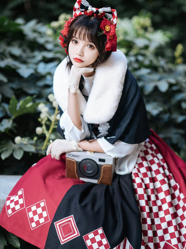 trumpet fur blouse cape + China accessories tassel scarf jumper skirt