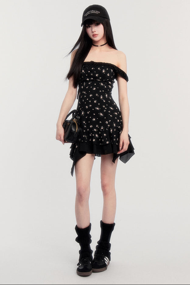Off-Shoulder French Letter Dress Flower Love