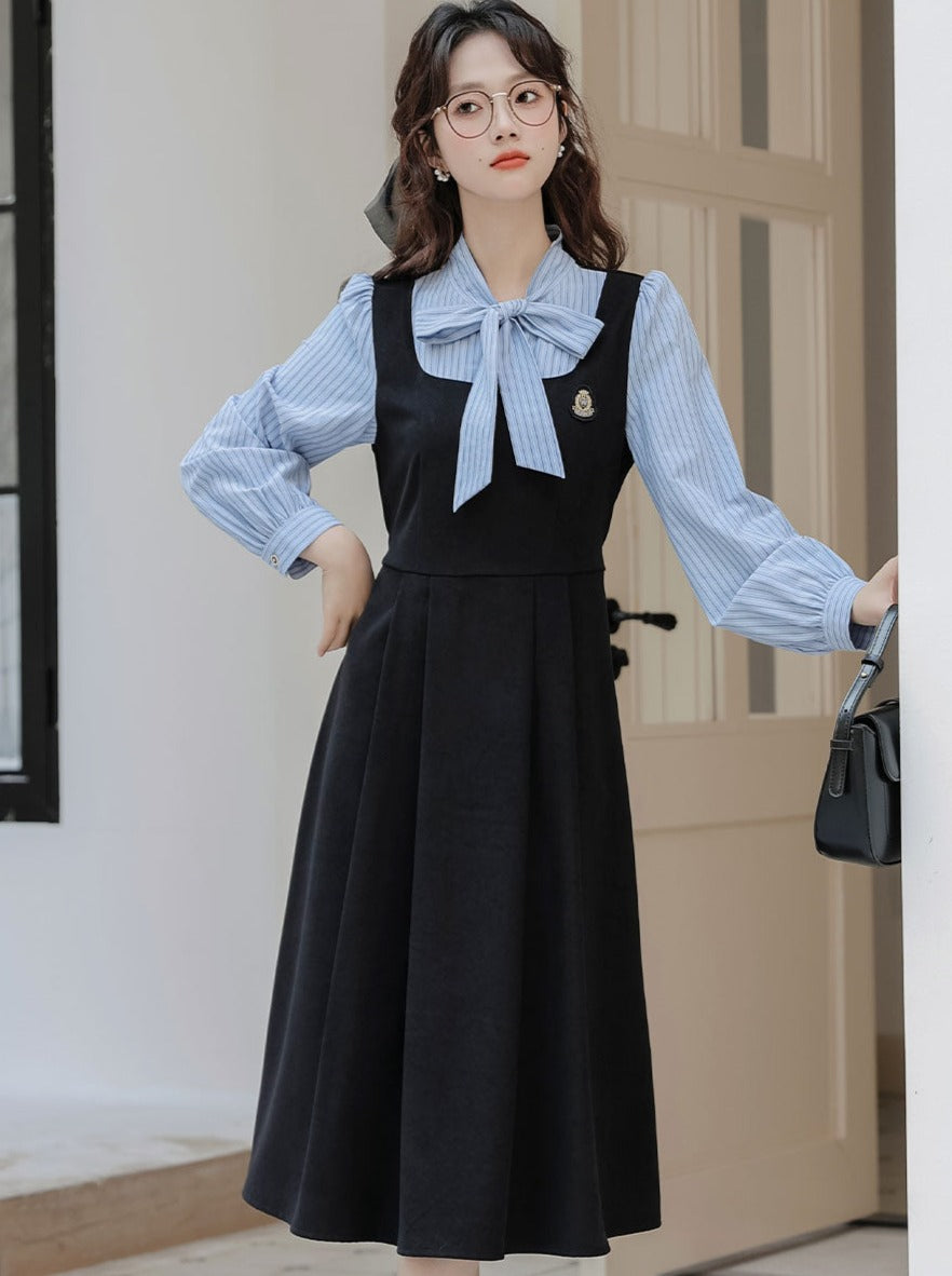 Striped Style Dress Splicing Faux College