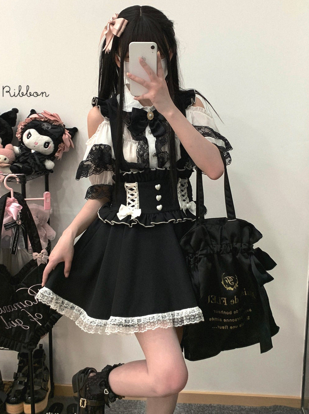 フリルショルダーストラップラブバックレーススカート