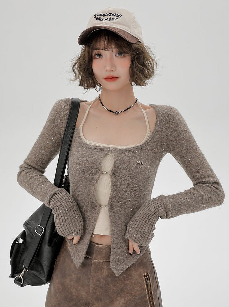 Cardigan Top Retro Suspender Slim Shiny American