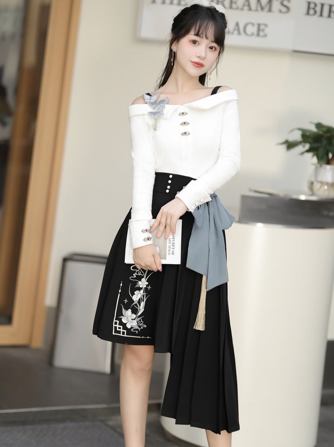 Top Buckle Waist Asymmetrical Skirt + Big Bow Off-Shoulder China High