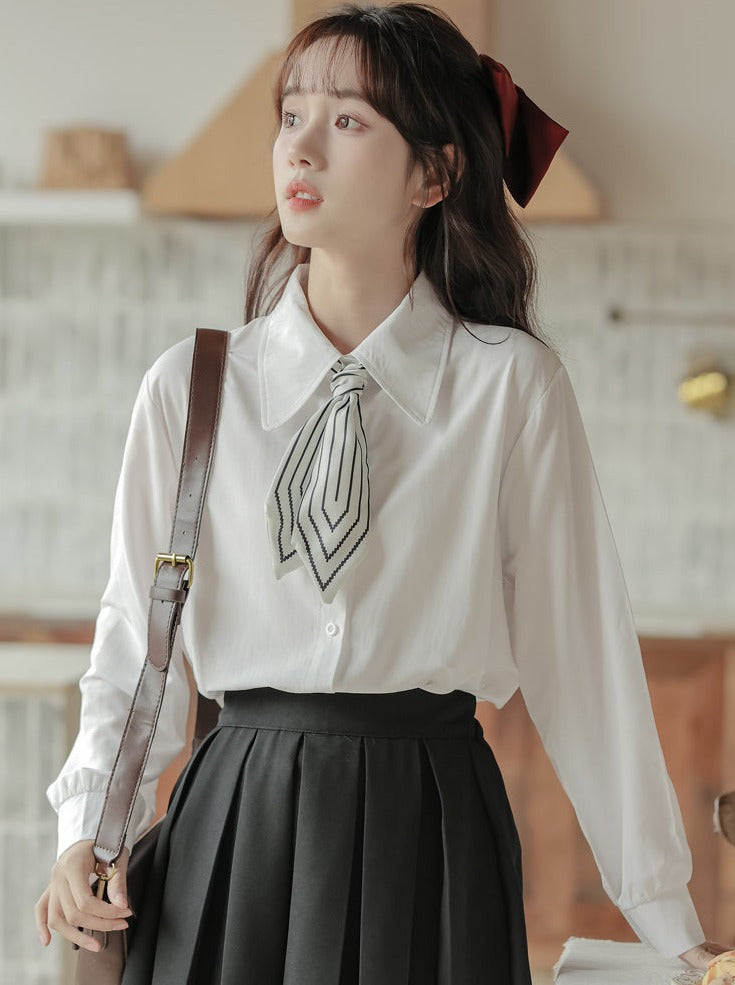 Scarf + Lapel Long Shirt Skirt Pleated