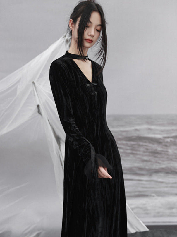 Splicing Stand Chinese V-Collar Mesh Romantic Retro Velvet Black Dress
