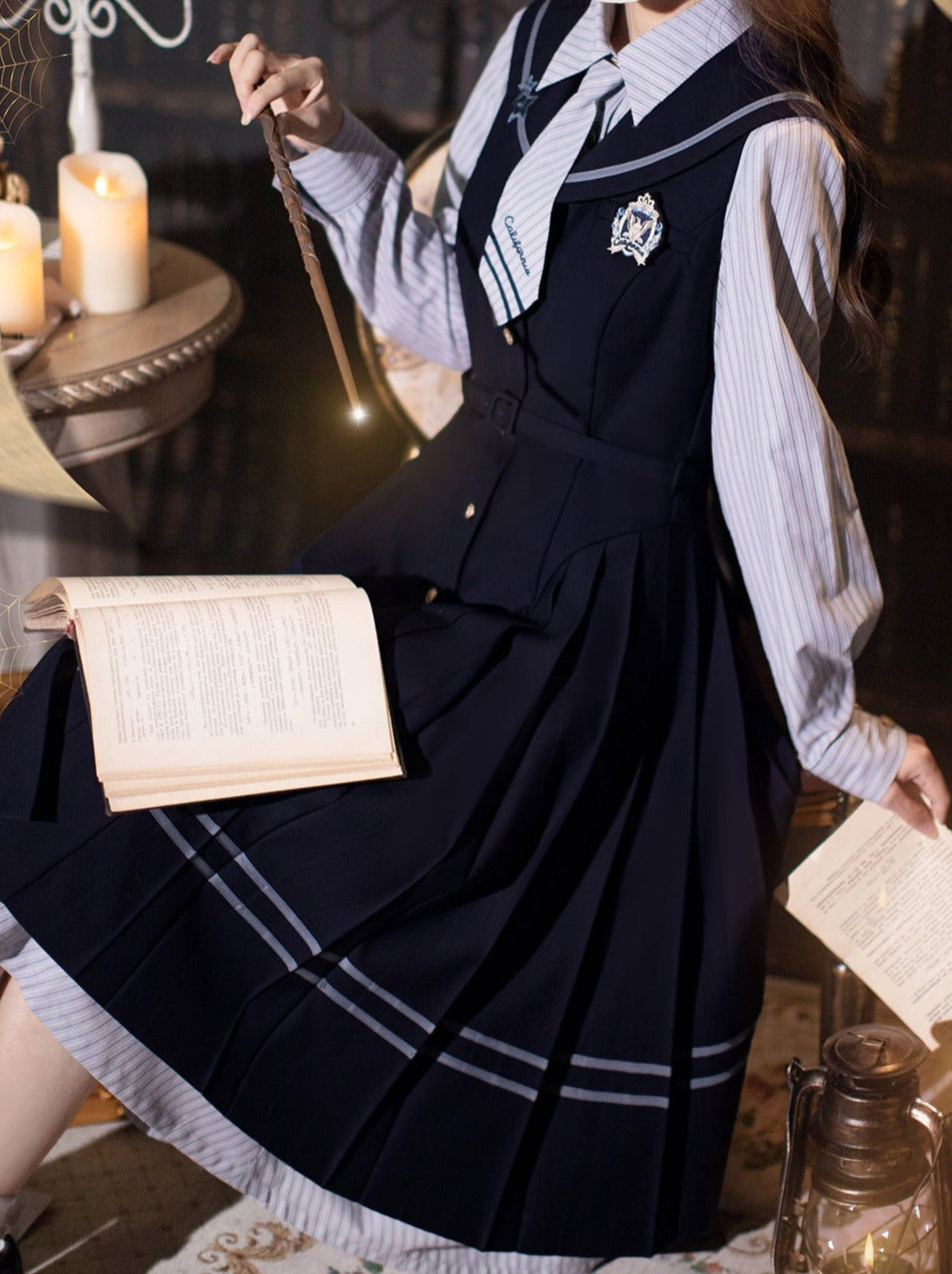Shirt Dress Color + Tie Pleated Navy Suit Striped Badge Retro Magic Dress Academy