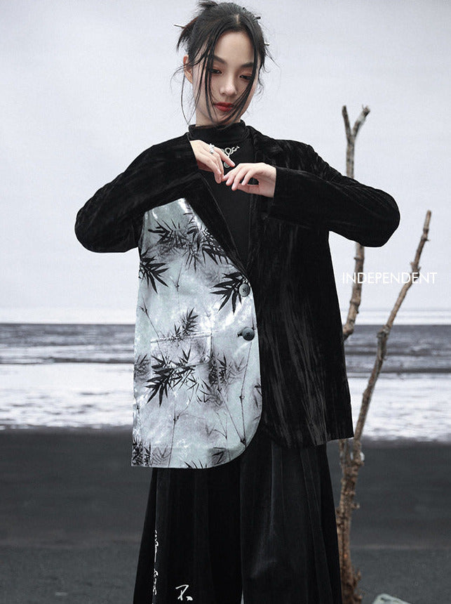 Veste imprimée chinoise en velours de bambou contrasté avec épissure de couleur