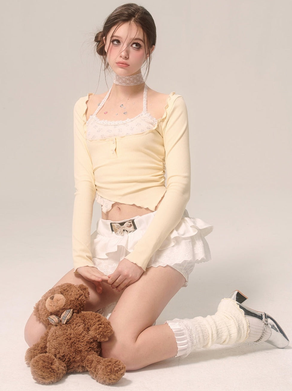 Milky Faux Piece Cream Eye Halter Two Top Neck Yellow
