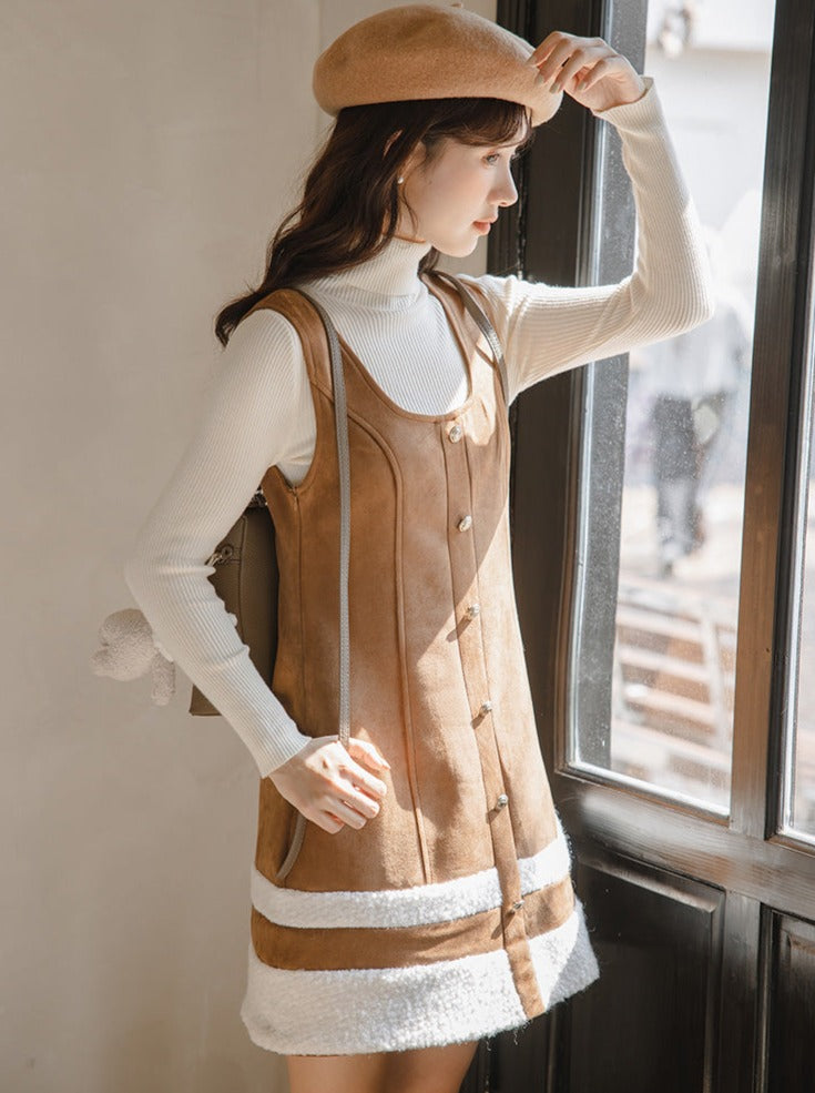 High Knit Skirt Top + Suspenders Neck Boa