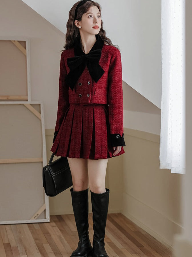 Jupe veste + tweed plissé rétro girly foncé