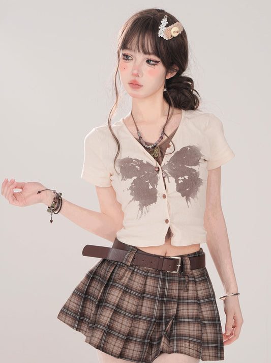 ツーピースプリントトップ フェイクバタフライ ショートVネック