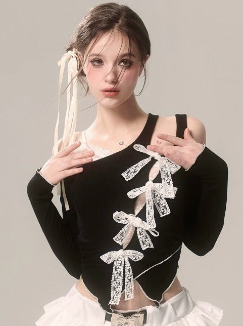 Asymmetrical Top Off-Shoulder Faux Ribbon Lace Black Two Piece
