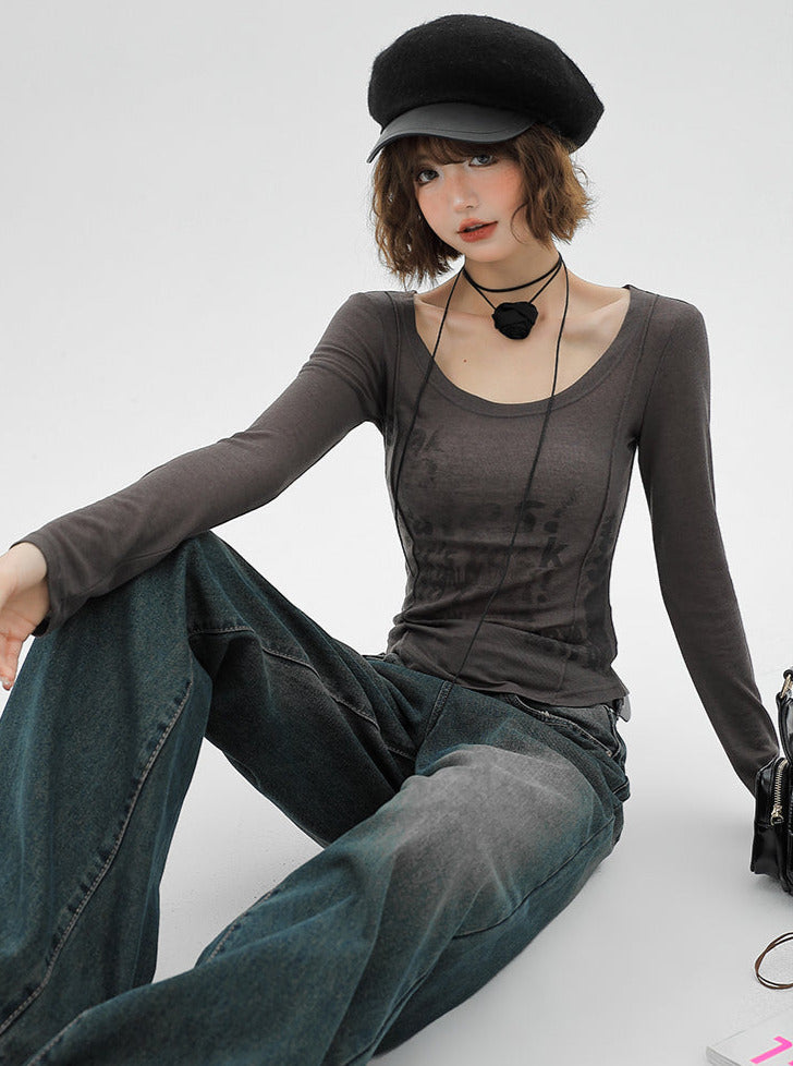 American Slim Retro Langbuchstabe Grau T