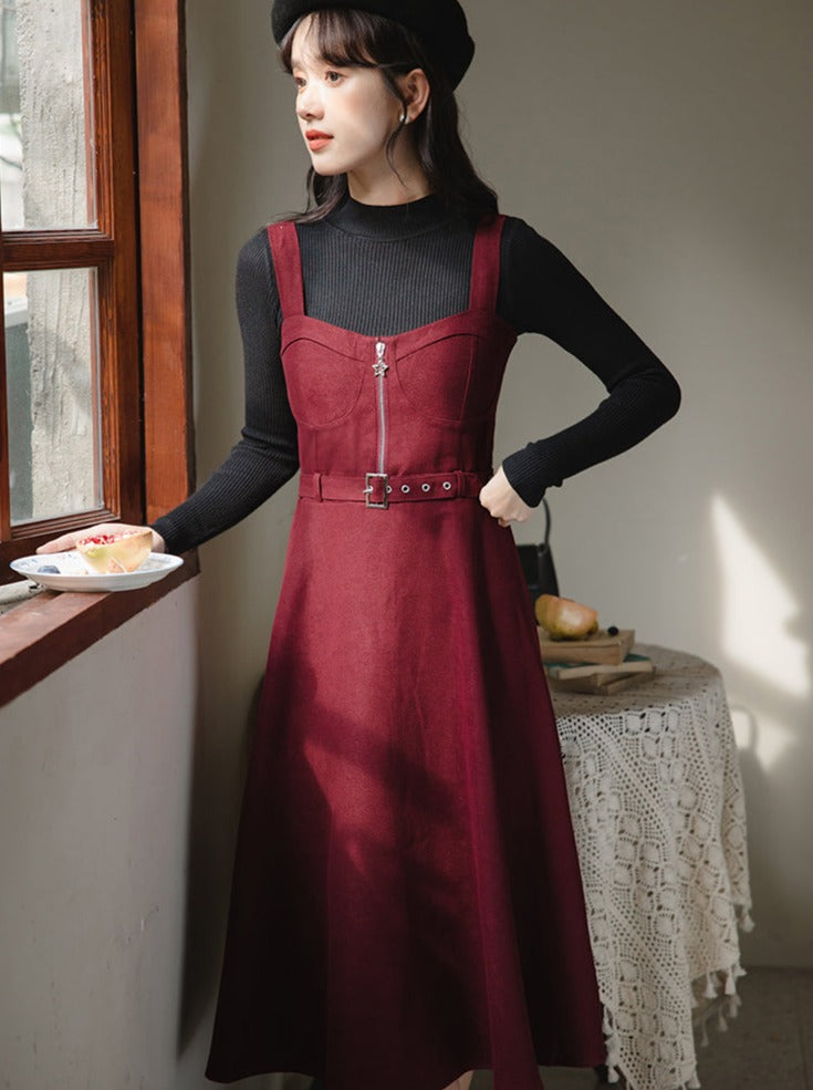 Slim Knit Retro Half + Suspender Turtleneck Skirt