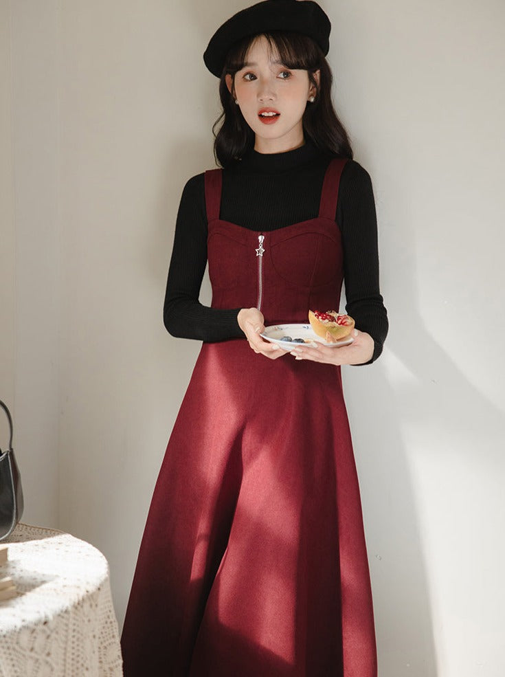 Slim Knit Retro Half + Suspender Turtleneck Skirt
