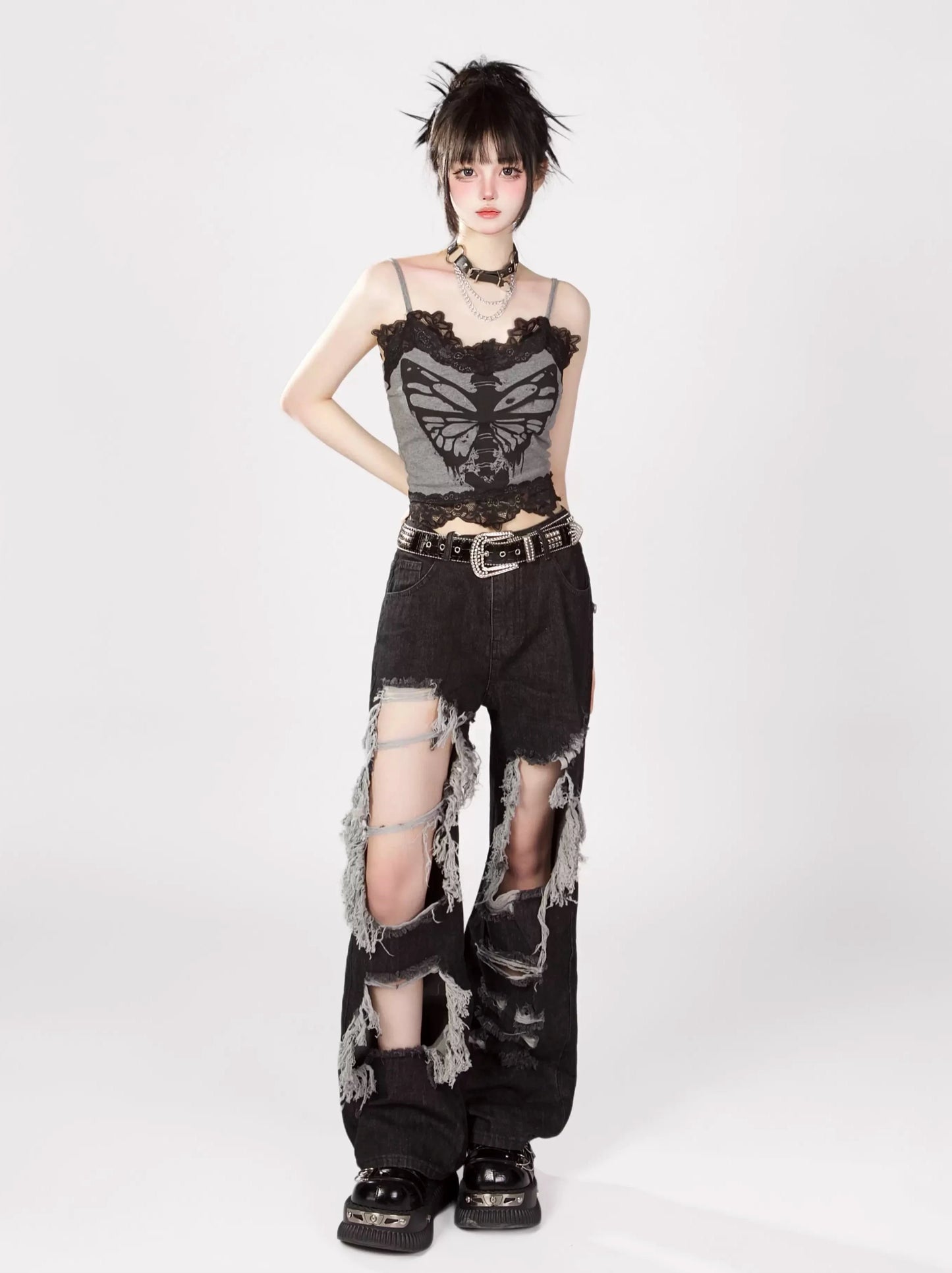 Print Butterfly Skull Camisole Top Lace