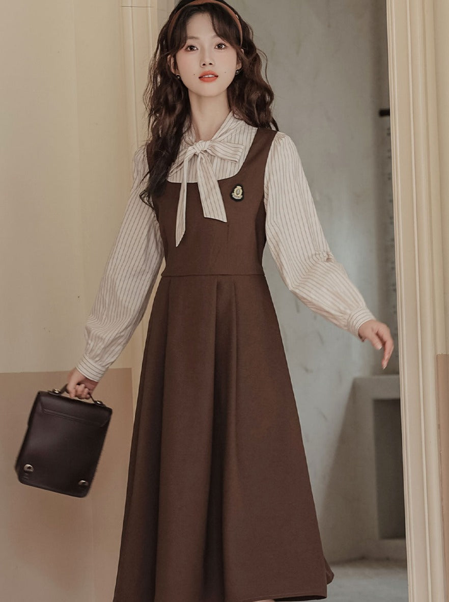 Striped Style Dress Splicing Faux College