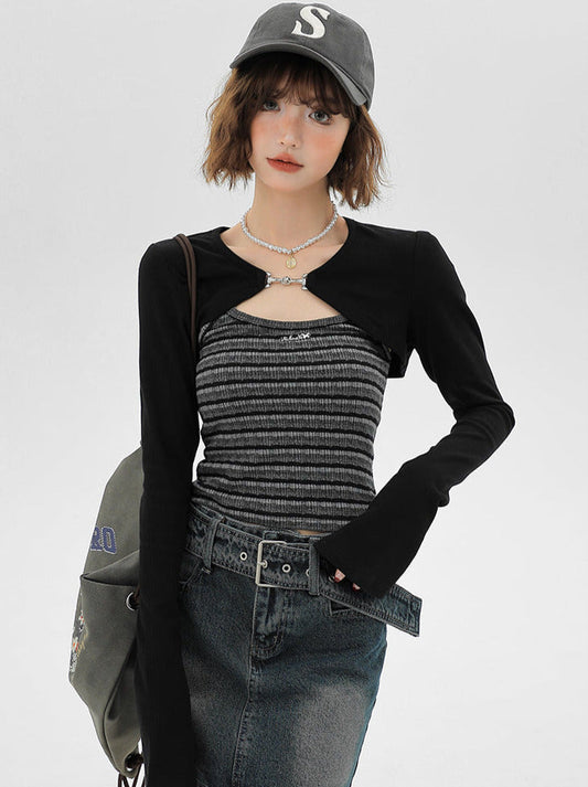 Cami American Cardigan Striped Short Piece Set Top Black Two