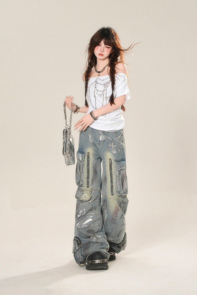 T-Shirt mit One-Shoulder-T-Shirt und Kordelzug