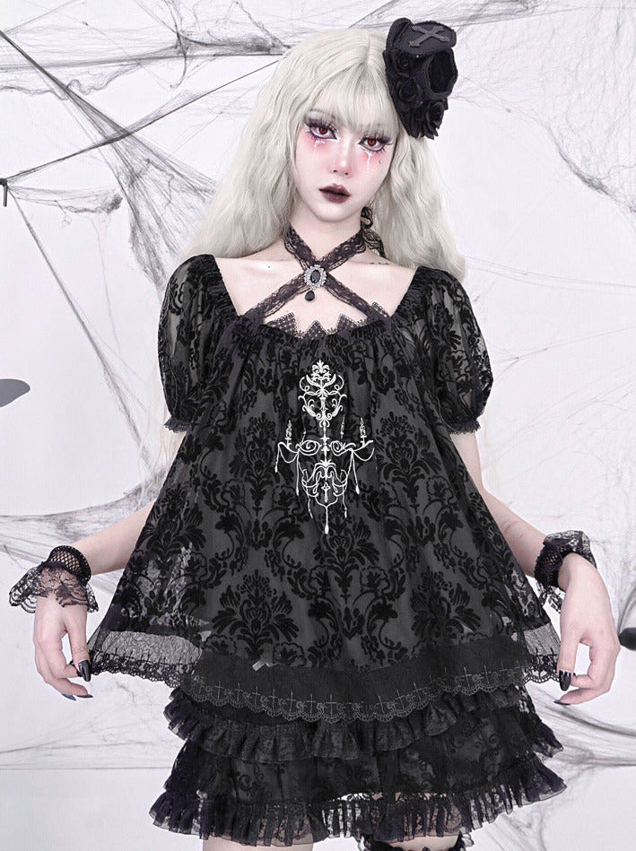Dark Sleeve Puff Top Gothic Embroidery Lace