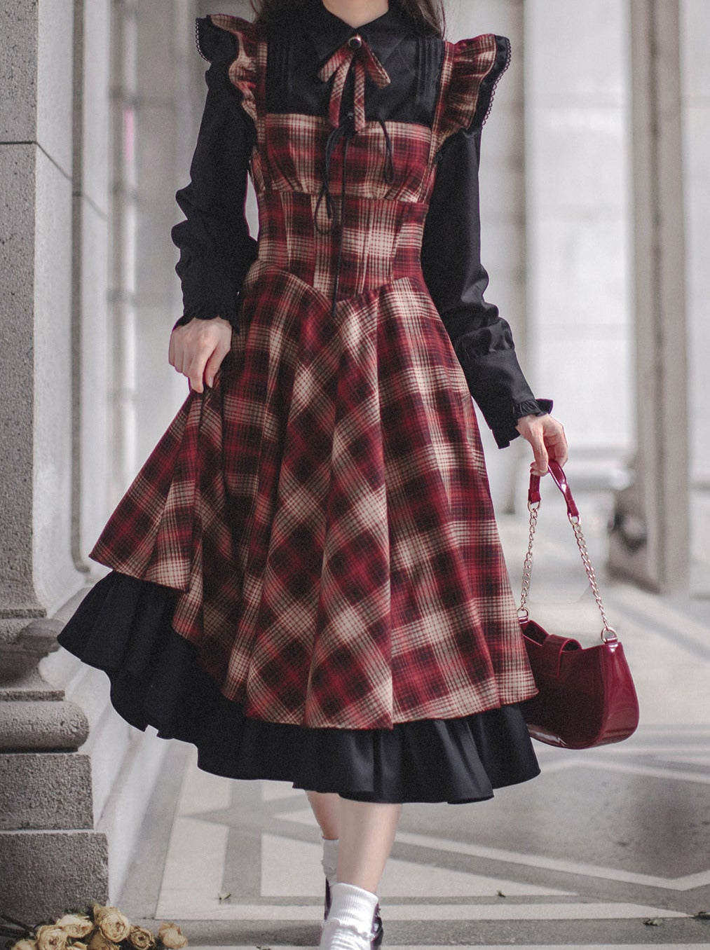 Layered + Ruffle Check Shirt Retro Ribbon Elegant + Shoulder Dress Suit Ruffle Black Sleeve Accessories