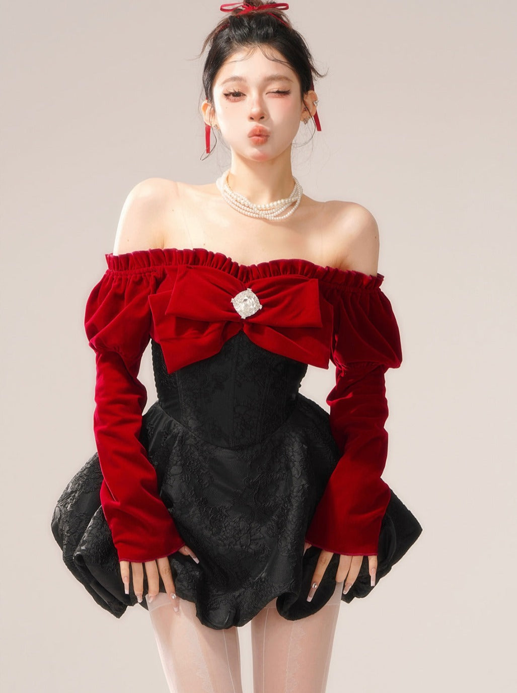Center Jewel Big Bow Off-the-shoulder Dress
