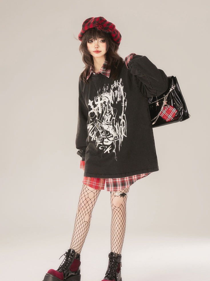 Printed Tops Neck Loose Round Dark