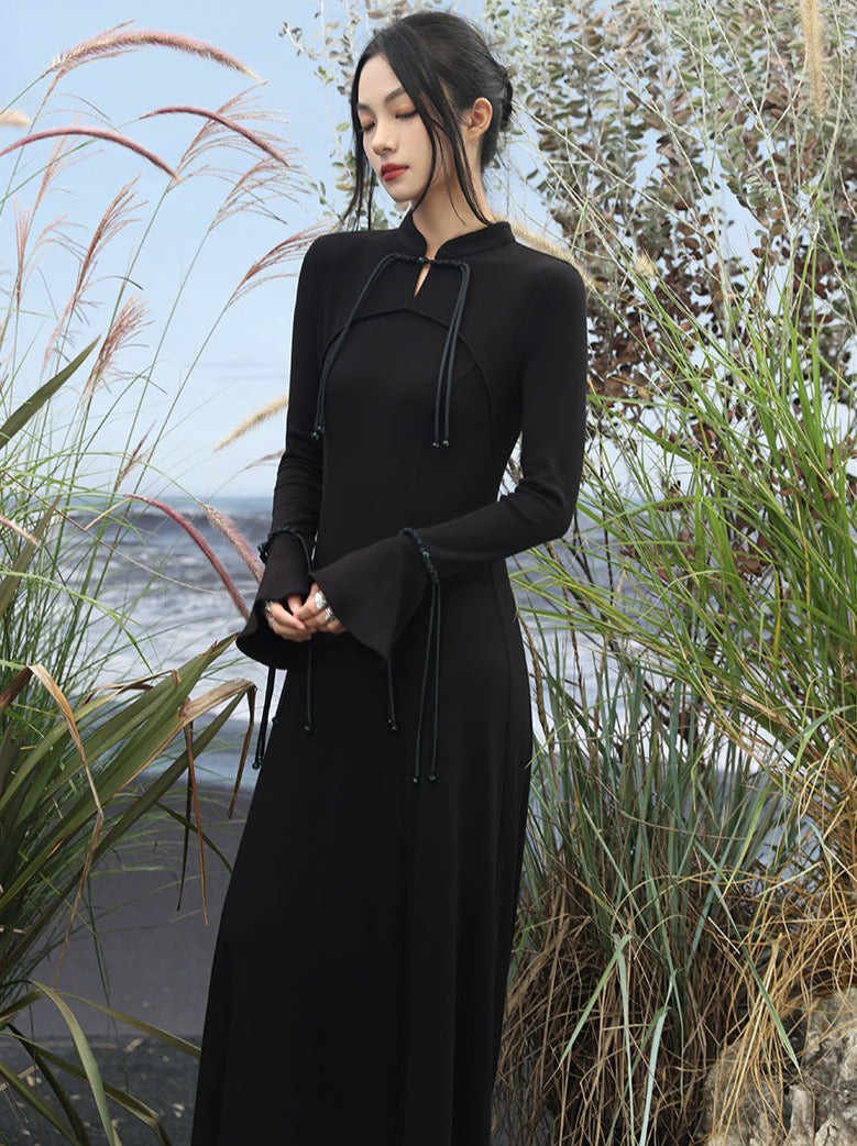 Bell Knit Retro Sleeve Dress China Buckle Long