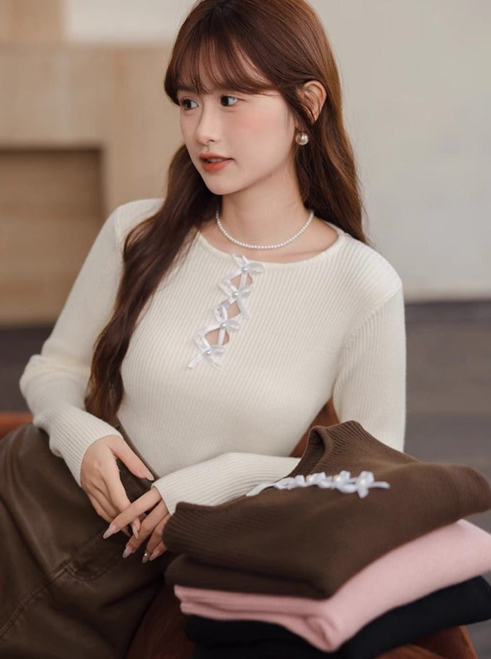 Wool Neck Round Loose Slim Top Design Ribbon