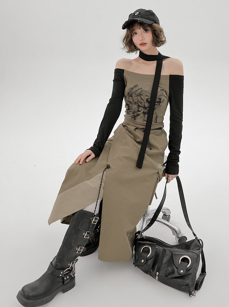 Top Slim One-line Scarf Off-the-shoulder Print Butterfly
