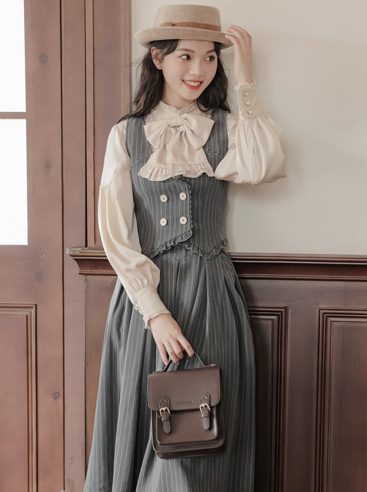 Rüschen + Bluse gestreifter Kragen + Rock ausgestellt Retro Weste dunkel