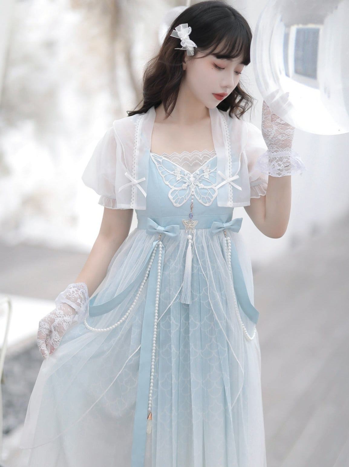 Blue Shawl Sheer Summer Summer Dress + Lolita Chinese