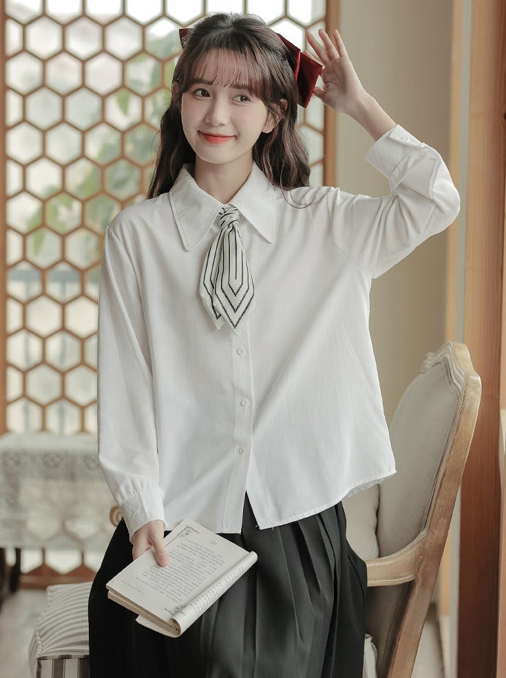 Scarf + Lapel Long Shirt Skirt Pleated