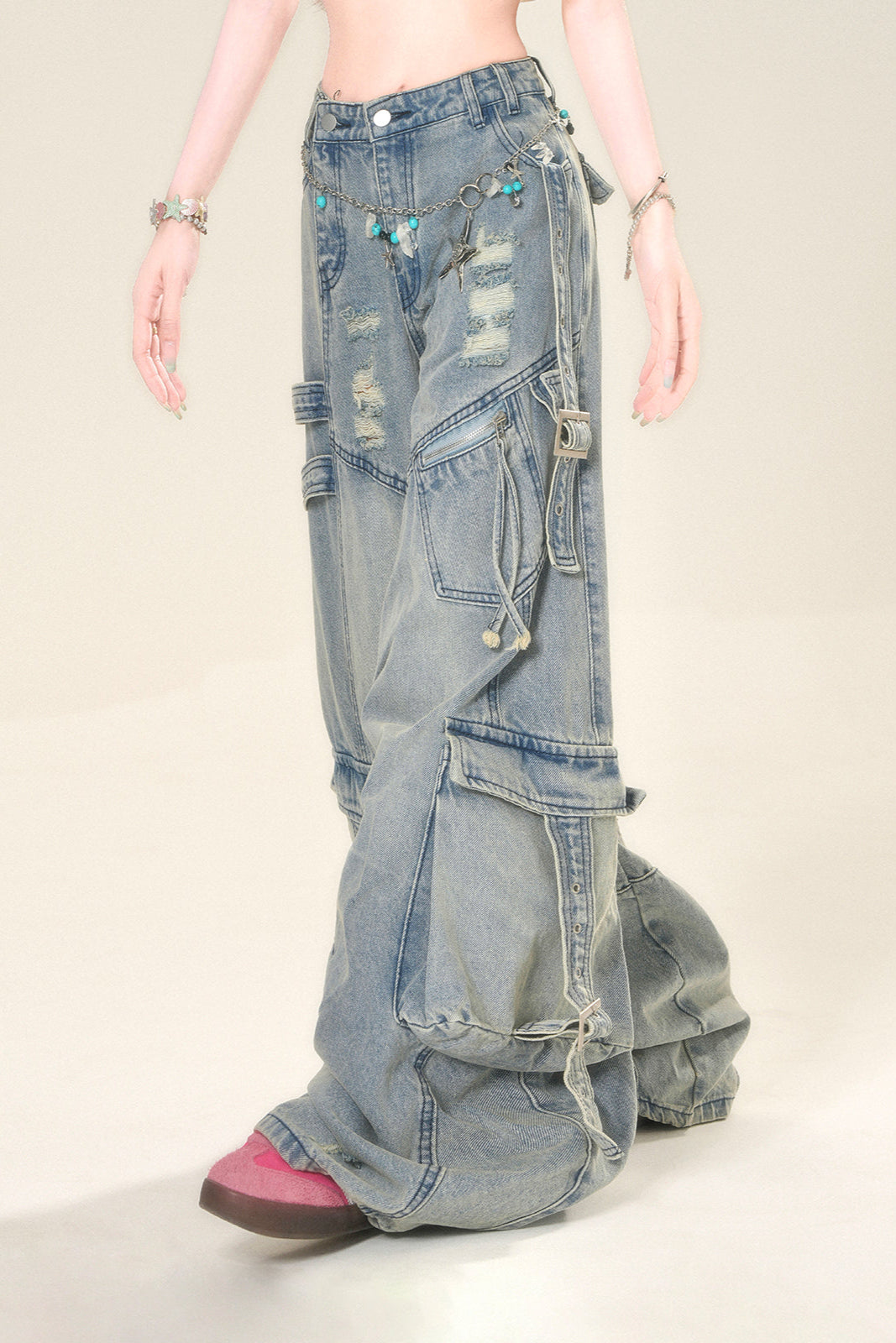 street high wide Rip denim pants