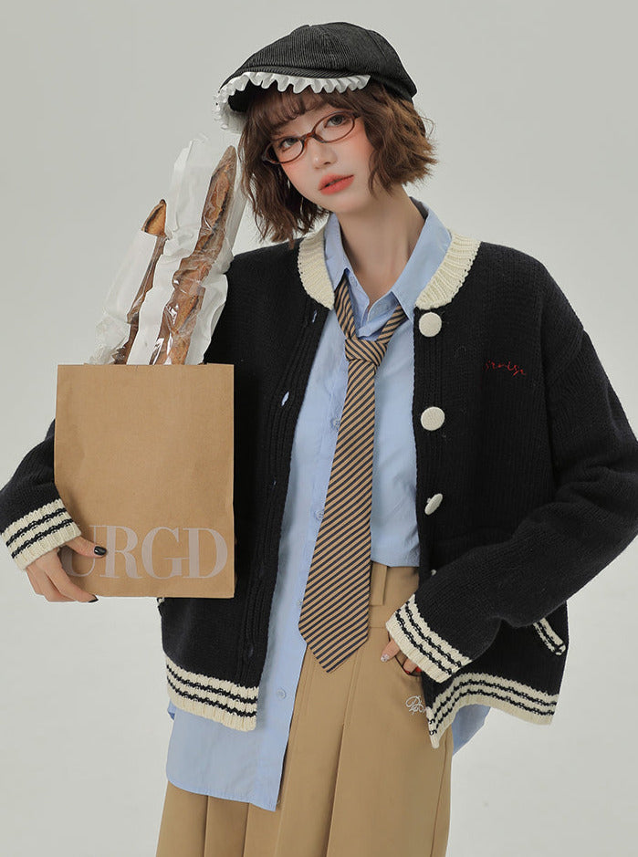 Lazy Knit Cardigan Collar College Loose Stand Style