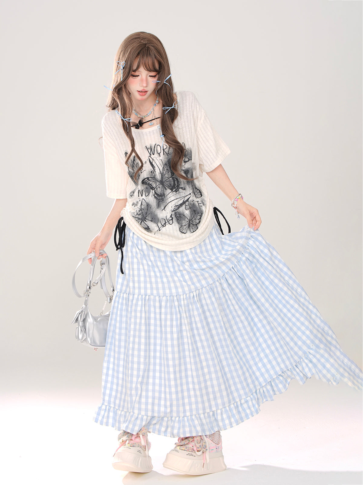 チェック+リボン Aライン Aライン ドットスカート ロングスカート ロング