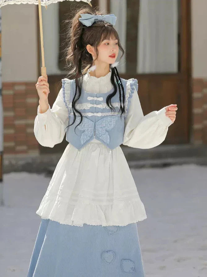 Gilet bleu forêt jupe papillon à volants chemise bleu Chine