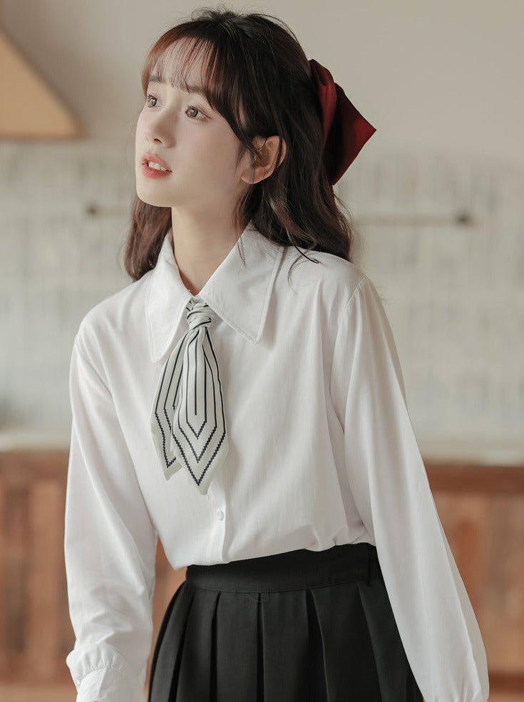 Scarf + Lapel Long Shirt Skirt Pleated