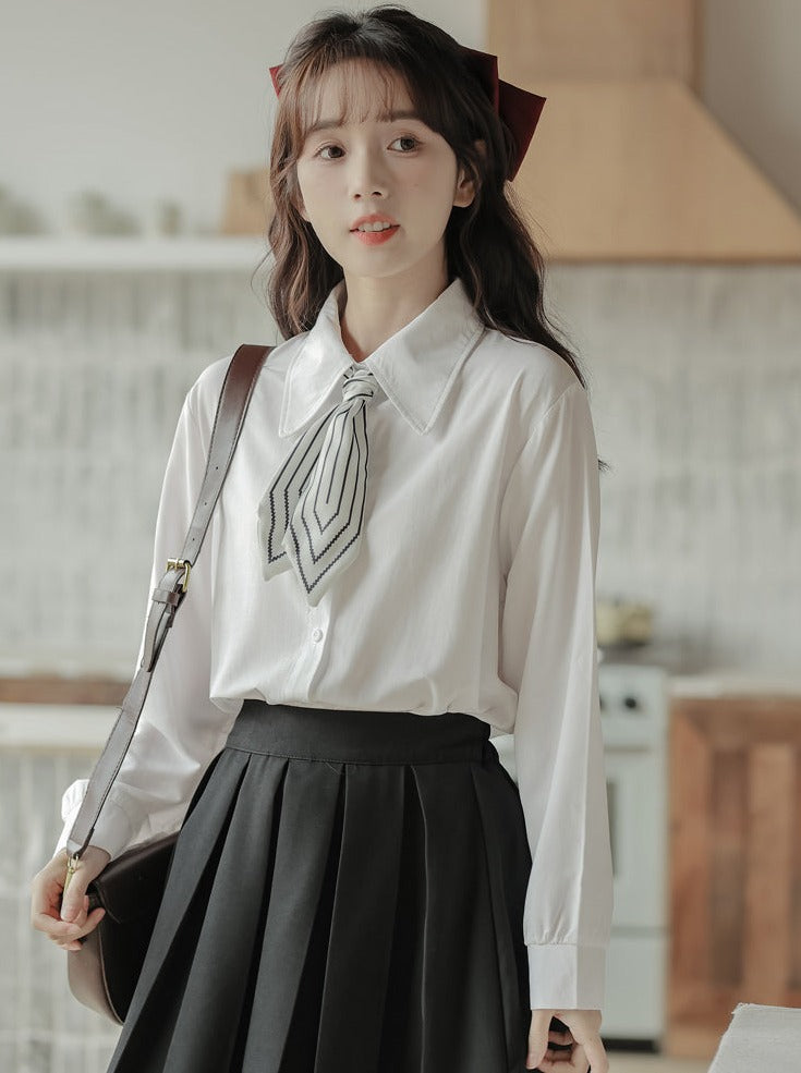 Scarf + Lapel Long Shirt Skirt Pleated