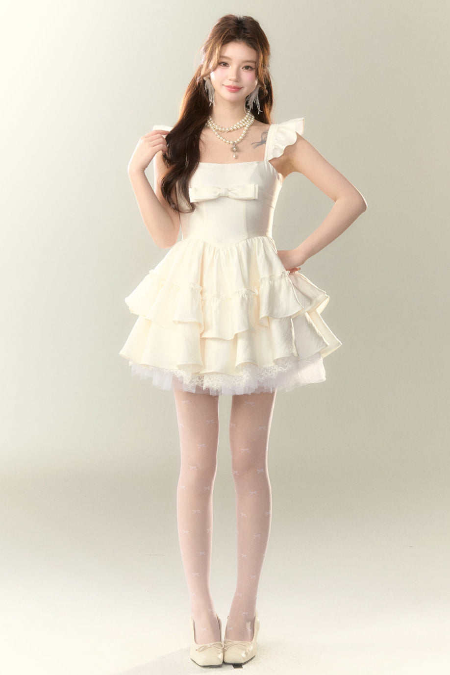 Flying Cream Dress Lace Sleeve Shoe Puffy