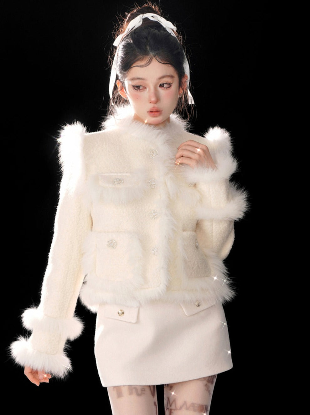 Veste en tweed renard thé abricot fourrure douce neige