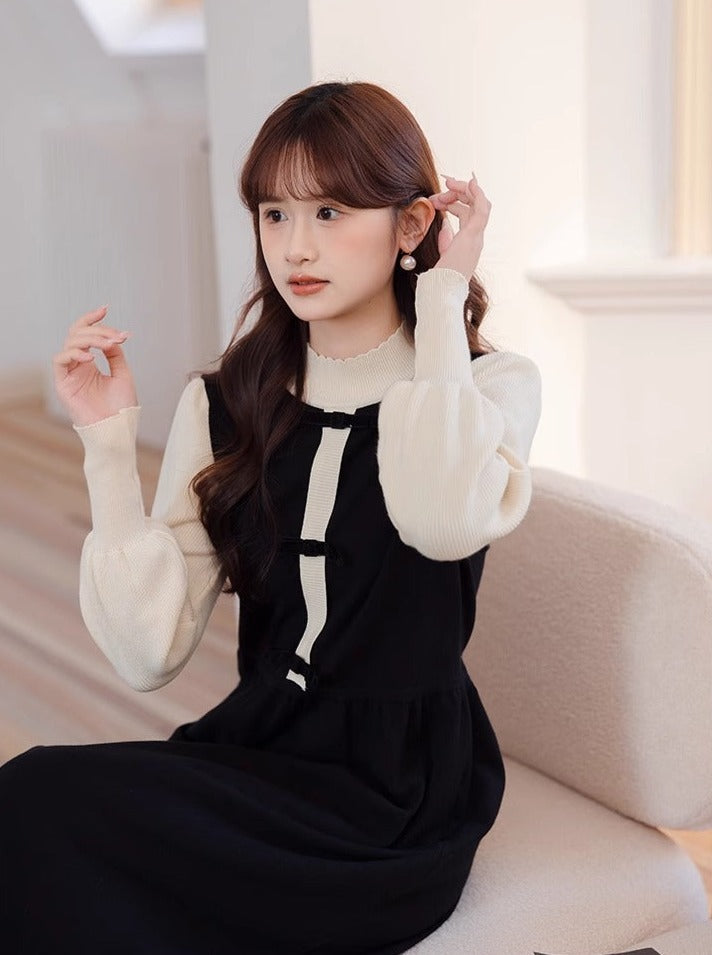 Piece Collar High Dress Half Two Contrast Faux
